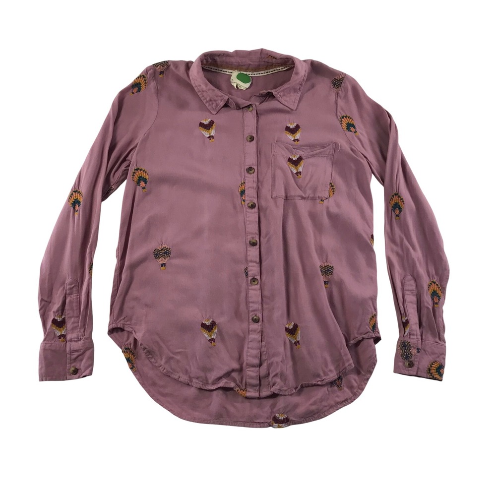 Anthropologie Pink Embroidered Hot Air Balloon Button Down Shirt Womens Size 0
